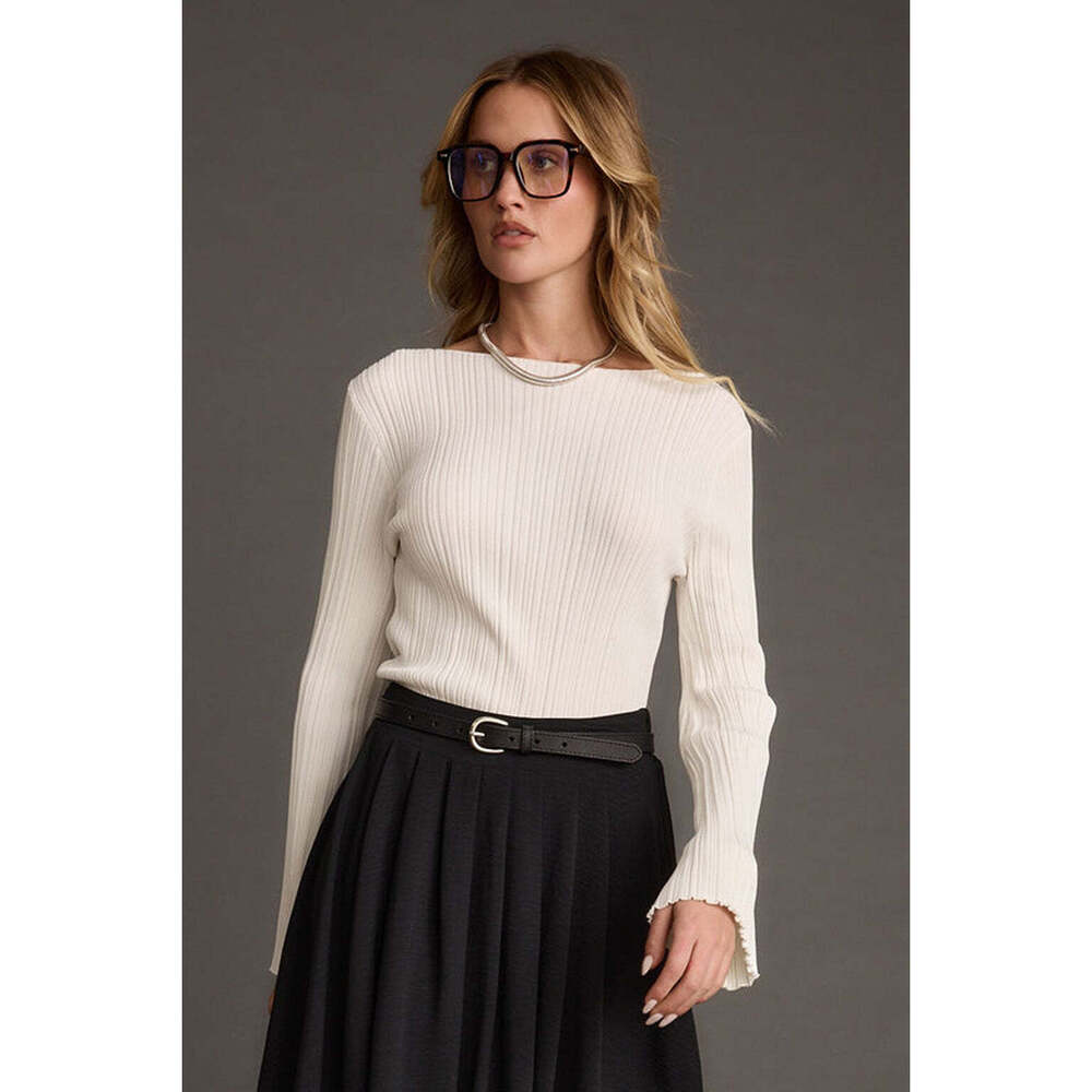 12th Tribe Melinda White Ribbed Knit Bell Sleeve Top Size XSXS